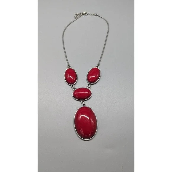 Red Acrylic Necklace Bracelet Set Pendant Silver Tone Chain Adjustable Necklace - Picture 2 of 10